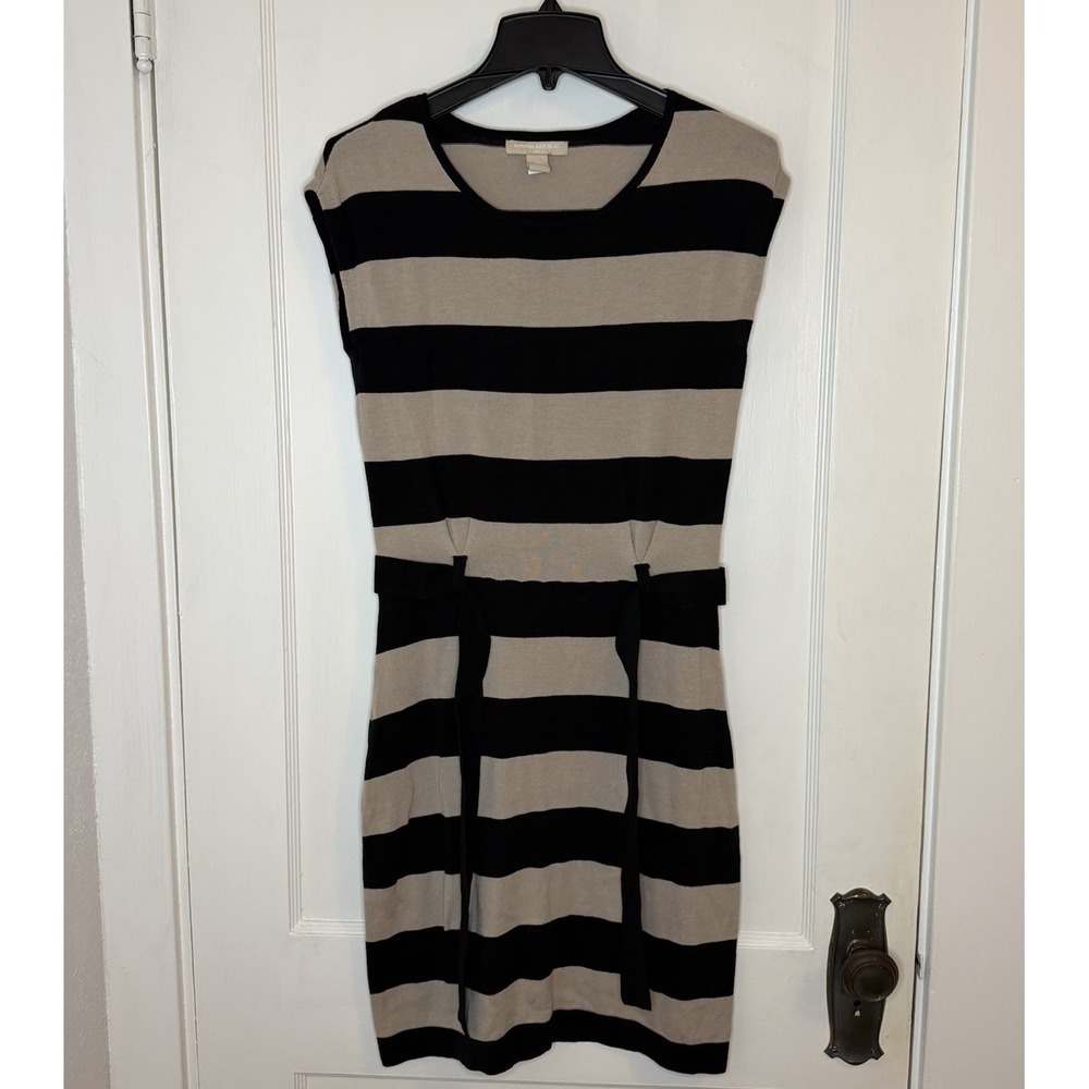 Banana Republic Womens XS Black Tan Striped Cotton Knit Sleeveless Sheath Dress